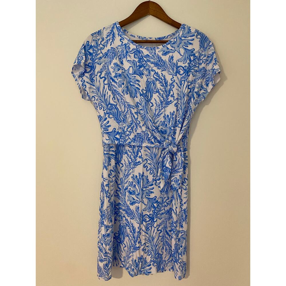 Lilly Pulitzer Inka Dress Resort White Aqua Blue Lounge Front Tie EUC Spandex S